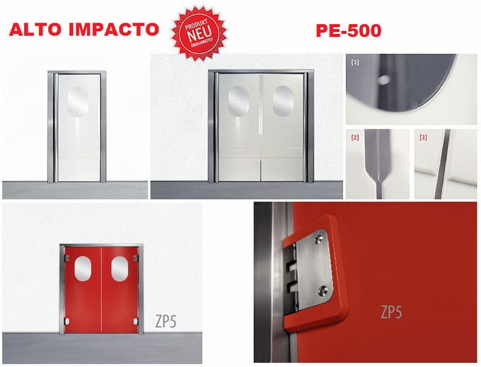 PUERTAS DE ALTO IMPACTO UNA Y DOBLE HOJA DE POLIETILENO DE ALTO IMPACTO X 15 MM VERSATIL, ABRE MANOS DESPLIEGUE DE NO CONTACTO CON LOS DEDOS, MODELO PE - 500  GERMANY