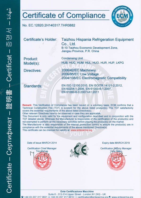 CERTIFICADO CALIDAD HISPANIA UNIT CONDENSING